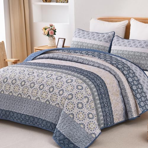 Boho King Quilt Set - 3-Piece Blue Floral Striped Bedspread Coverlet
