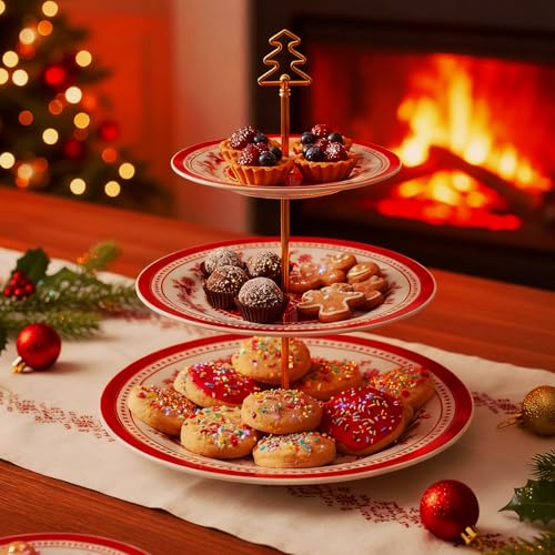 Lallisa Snowflake 3-Tier Christmas Cake Stand 10/9/7 in Blue & White Ceramic with Gold Frame