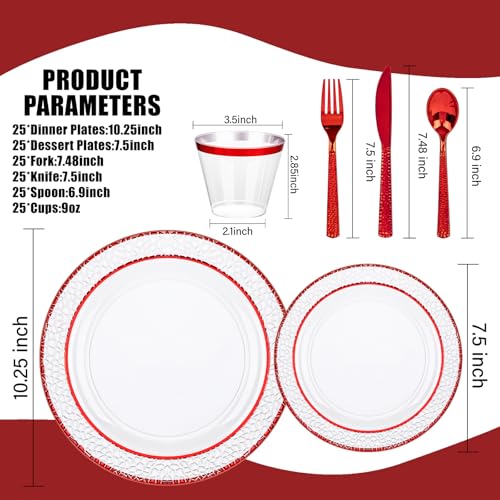 Ciaell 150-Piece Red & Clear Plastic Disposable Dinnerware Set for Weddings & Parties