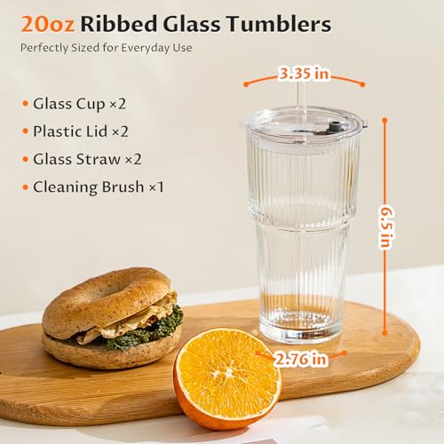 20oz Glass Iced Coffee Cups with Lids and Straws - 2 Pack Reusable Tumblers
