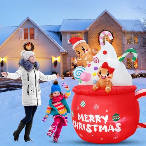 6FT Christmas Gingerbread Inflatable with LED Lights Hot Cocoa Mug & Candy Cane Yard Decor