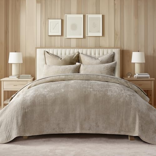 EverGrace King Size Velvet Quilt Set, Striped Channel Bedspread & 2 Shams