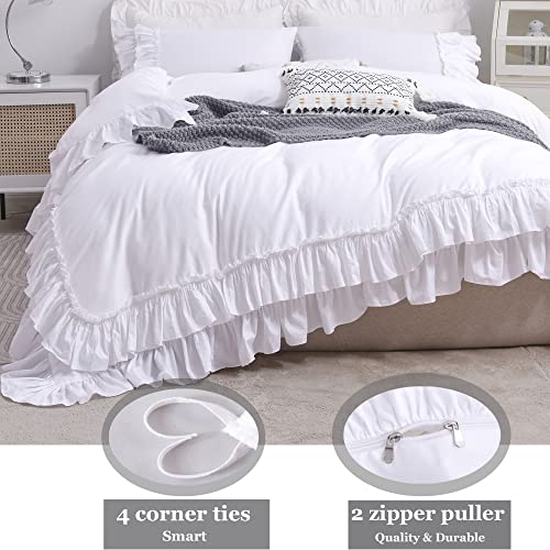 Queen Size White Ruffle Duvet Cover Set - Soft Cotton Bedding
