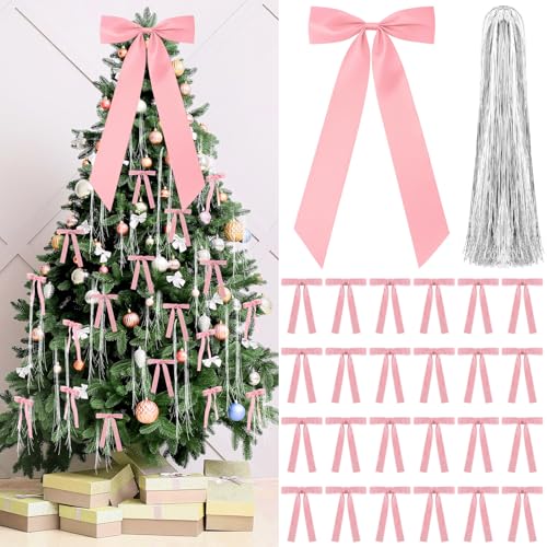 Pink Christmas Tree Decor Set with Velvet Bows, Tree Topper & Silver Icicles