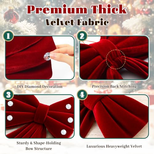 Giant 78-Inch Red Velvet Christmas Bow with 4 Mini Bows & Rhinestones