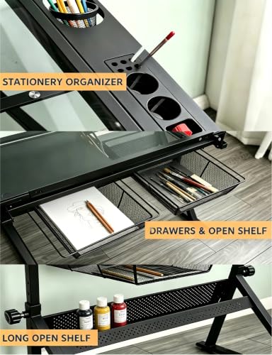 Adjustable Drafting Table with Stool and Drawers, Tilting Art Desk