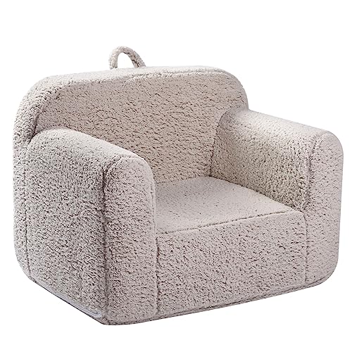 Kids Sherpa Chair - Light Grey Snuggly Soft Children's Sofa Seat with Handles