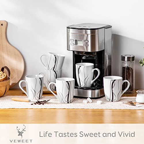 VEWEET Fiona 11 oz Ceramic Coffee Mugs Set of 6 - White, Large Handle, Durable Porcelain