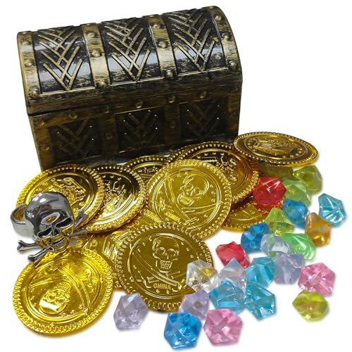 Kids Pirate Treasure Chest Toy Set with Gold Coins, Gems, and Ring
