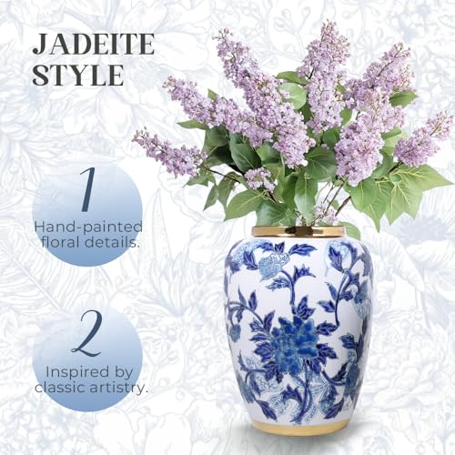 Andaliz Blue and White Ginger Jar 16" Tall Vase with Gold Trim - Porcelain Decor