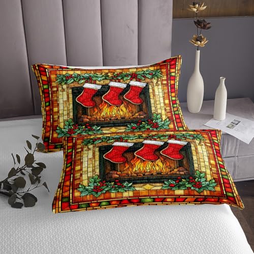 Manfei Christmas Stocking Kids Bedspread Set Queen 90x90 - Black/Red/Orange Geometric Plaid