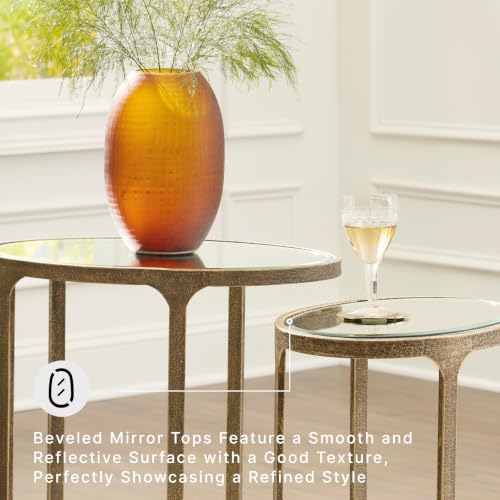 Oval Nesting Accent Table Set of 2, Gold Metal Frame with Beveled Mirror Tops