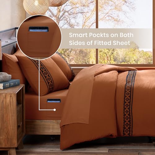 7-Piece Embroidered Queen Comforter Set - Burnt Orange Bed in a Bag