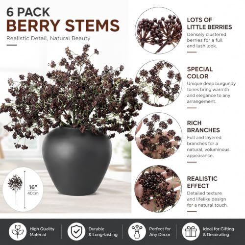 16-Inch Faux Berry Stems - 6 Pcs Artificial Branches for Fall Decor