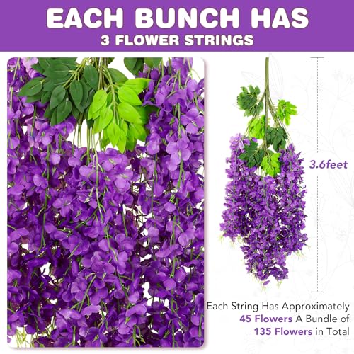 Purple Wisteria Hanging Flowers - 12 Pack Artificial Vines for Decor