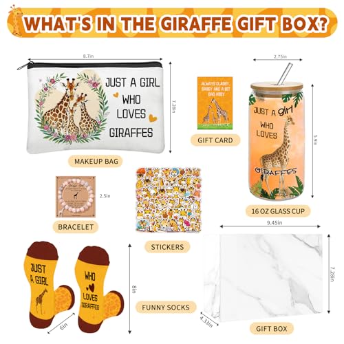 Giraffe Gift Set for Women – Classic 6-Piece includes 16oz Glass Cup, Makeup Bag, Socks, Bracelet, 50 Stickers & Card