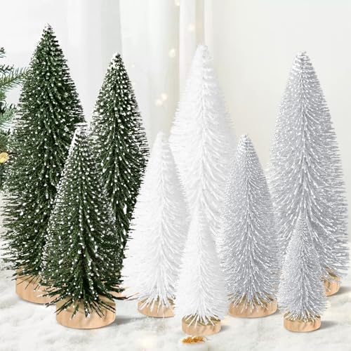 KPX 9pcs Mini Christmas Tree Set - Green, Silver, White Desktop Artificial Pine Trees with Wooden Bases
