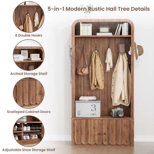 Narrow Hall Tree with Bench and Shoe Storage, Arched Entryway Coat Rack