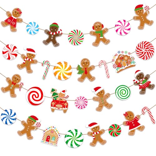 Gingerbread Peppermint Candy Banner 4-Piece Xmas Wall Decor Set