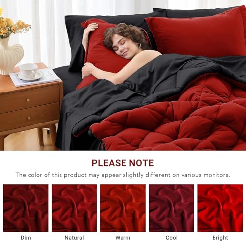 7-Piece Reversible Queen Comforter Set - All Season Bed in a Bag, Red & Black