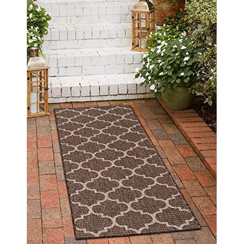 Unique Loom Outdoor Trellis Collection Area Rug (2' x 6' 1" Runner, Brown/ Ivory)