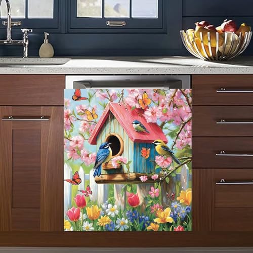 Garden Bluebird and Birdhouse Dishwasher Magnet Cover 23" x 26" Spring Kitchen Decor