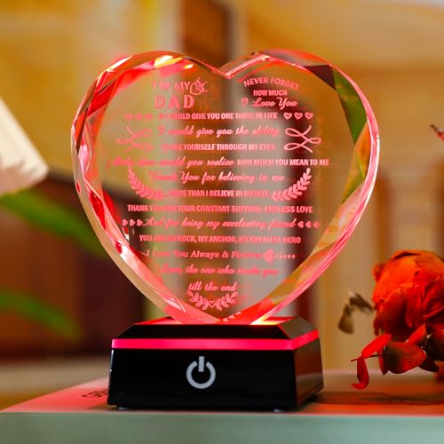 Dad Gifts from Daughter Son with LED Heart Crystal Keepsake | Dad from Daughter Son Gift with Colorful Base