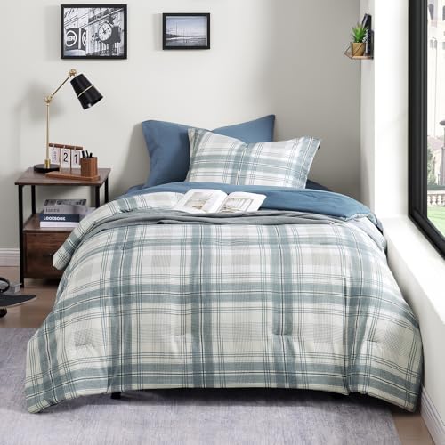 AMBERSPACE Plaid Twin XL Comforter Set, 5-Piece College Dorm Bedding Set