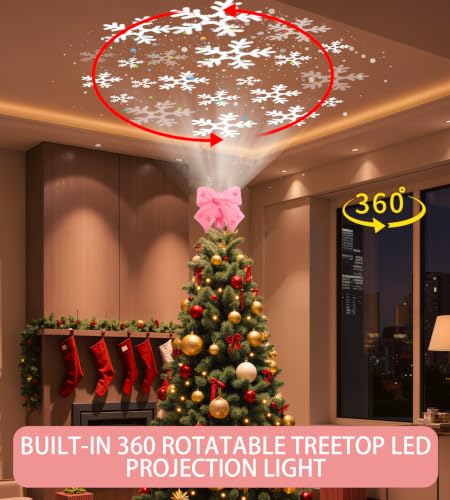 Tenmiro Pink Bow Christmas Tree Topper with 360° Snowflake Projection - Plug-In LED Decor