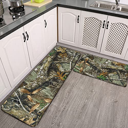 Autumn Hunting Tree Camo Kitchen Rug Set 2PCS Non-Slip Washable Floor Mats