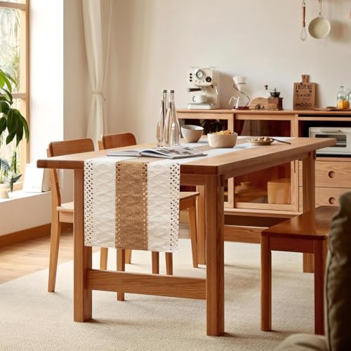 FEXIA Cream & Brown 12x72 Boho Table Runner – Fall Farmhouse Woven