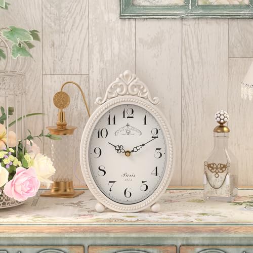 Vintage French Rustic Table Clock, Silent Quartz Mantel Desk Clock