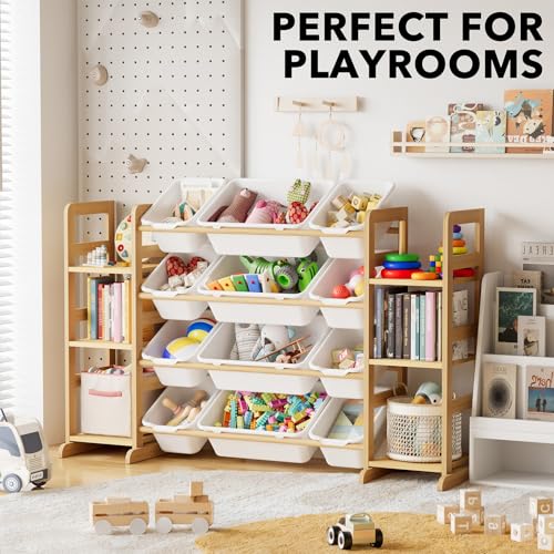 Kids Toy Storage Organizer Shelf with Bookshelf & 12 Bins, 52.3" W