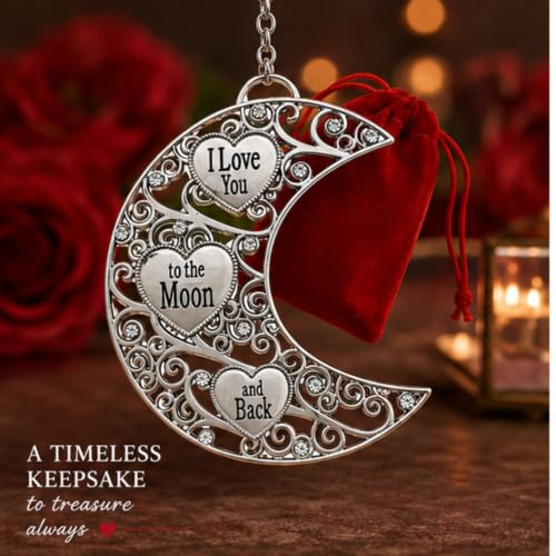 I Love You to the Moon and Back Ornament Set of 2, Filigree Moon Hearts with Crystals – Red Gift Bags Included (BANBERRY DESIGNS)