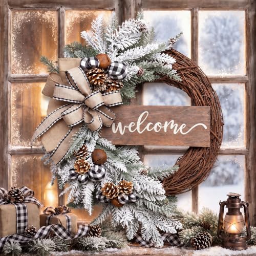 Winter Norfolk Pine Wreath with Cones - 19.69in Snowy Front Door Decor (Suncalla, Pine Cones)