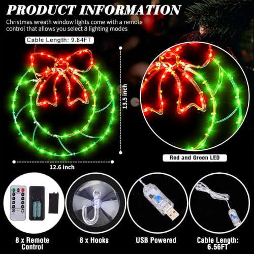 Glooglitter 8 Pcs Christmas Wreath Window Silhouette Lights Top Bow - USB 8 Modes