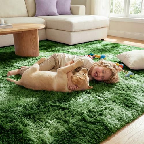 Forest Green Shaggy Rug 4x6 Feet, Soft Plush Non-Slip Area Carpet for Bedroom