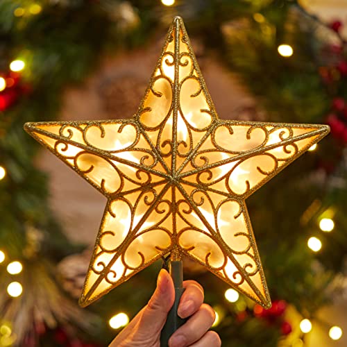 Lighted Christmas Star Tree Topper - 9.5" Gold Glitter 3D Metal Star
