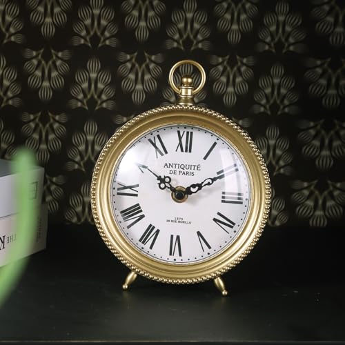 Gold Round Table Clock, Silent Non-Ticking Decorative Desk Shelf Clock