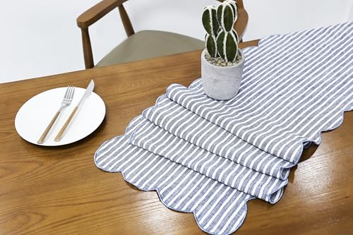 AORISSI 14x48 Linen Table Runner with Scalloped Embroidery, Blue Stripe Edges