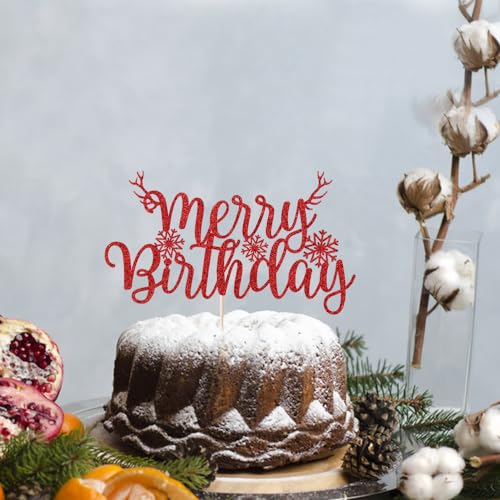Red Merry Birthday Cake Topper Glitter Decor - AROKIPPRY Xmas Theme