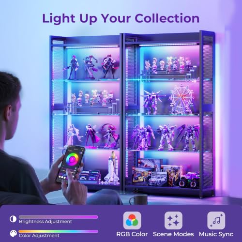 4-Tier Industrial Display Cabinet with Tempered Glass Shelves and RGB Lighting