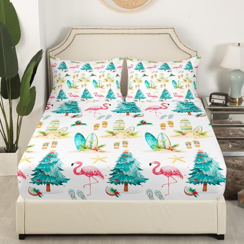 Pink Green Queen Bed Sheet Set - 4 Pieces Microfiber Fitted & Flat Sheets