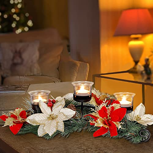 Christmas Poinsettia Table Centerpiece with 3 Flameless LED Candles