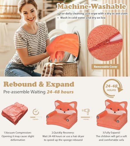2-in-1 Foldable Toddler Couch with Blanket - Cute Fox Plush Sofa Chair