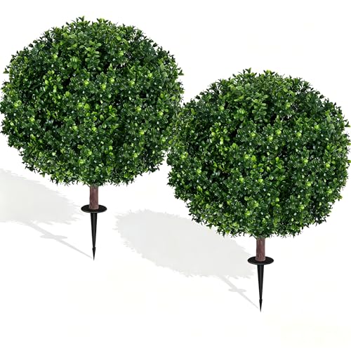 27.5-Inch Artificial Boxwood Topiary Ball Trees - Set of 2 UV Resistant