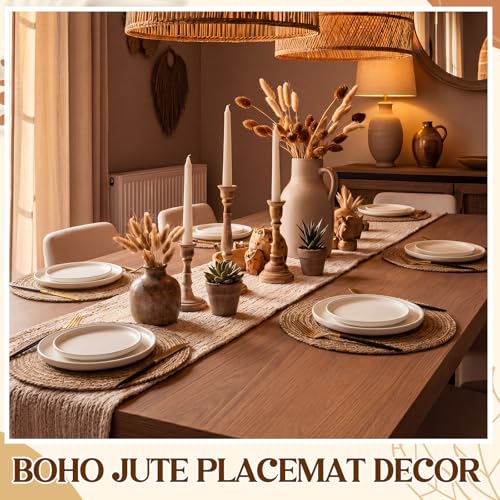 24 Pcs 12 Inch Round Jute Burlap Placemats Boho Farmhouse Dining Set