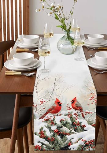 Winter Christmas Cardinal Table Runner 13x36 Red Berry Pine Leaves – 100% Polyester