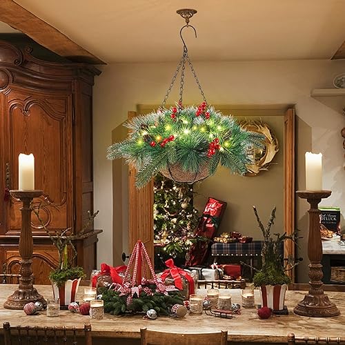 Pre-Lit Artificial Christmas Hanging Basket with LED Lights and Timer