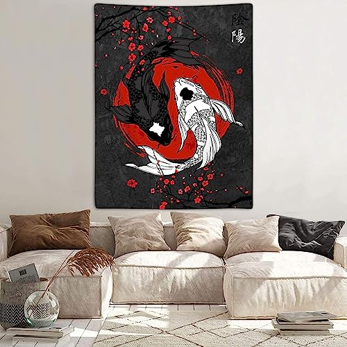 Japanese Yin Yang Koi Fish Tapestry - Anime Sakura Wall Hanging (40x60 In)